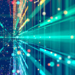 Abstract colorful grid surrounded by glowing particles