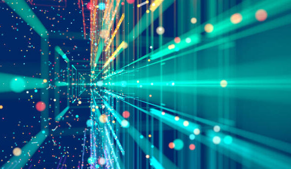 Abstract colorful grid surrounded by glowing particles